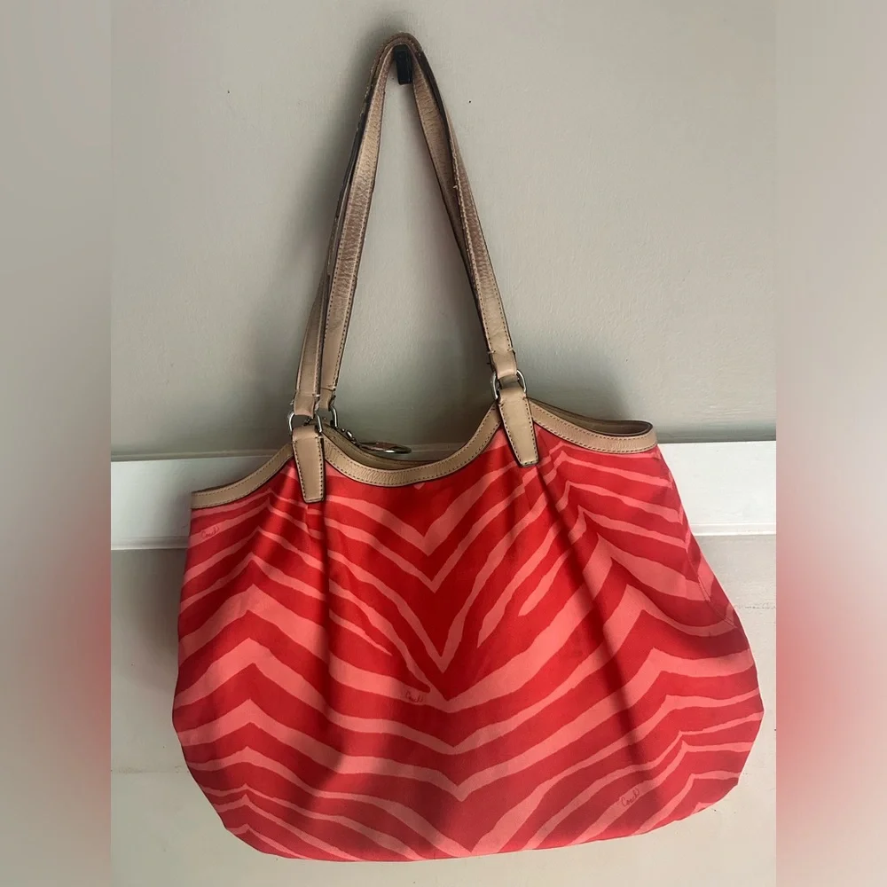 Coach Coral Zebra-Print Shoulder Bag with Tan Straps